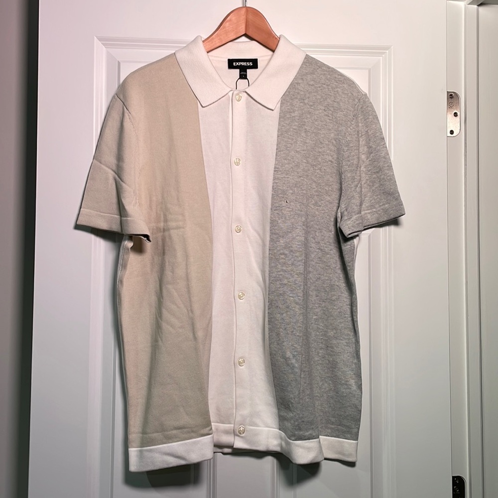 NEW Mens Express Beige White Color Block Button Down Short Sleeve Sweater Polo L